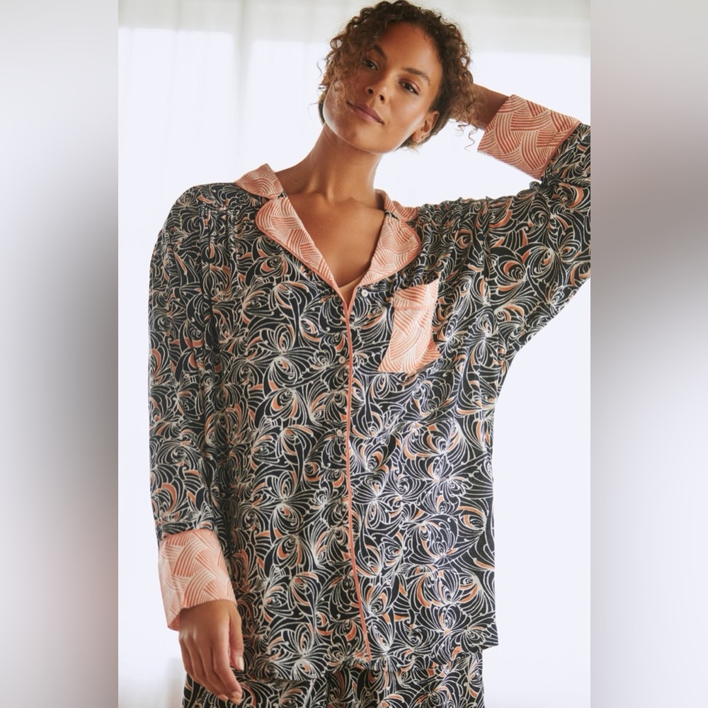 Anthropologie Orange and Black Mix Print Pajama Top Women’s Size Large